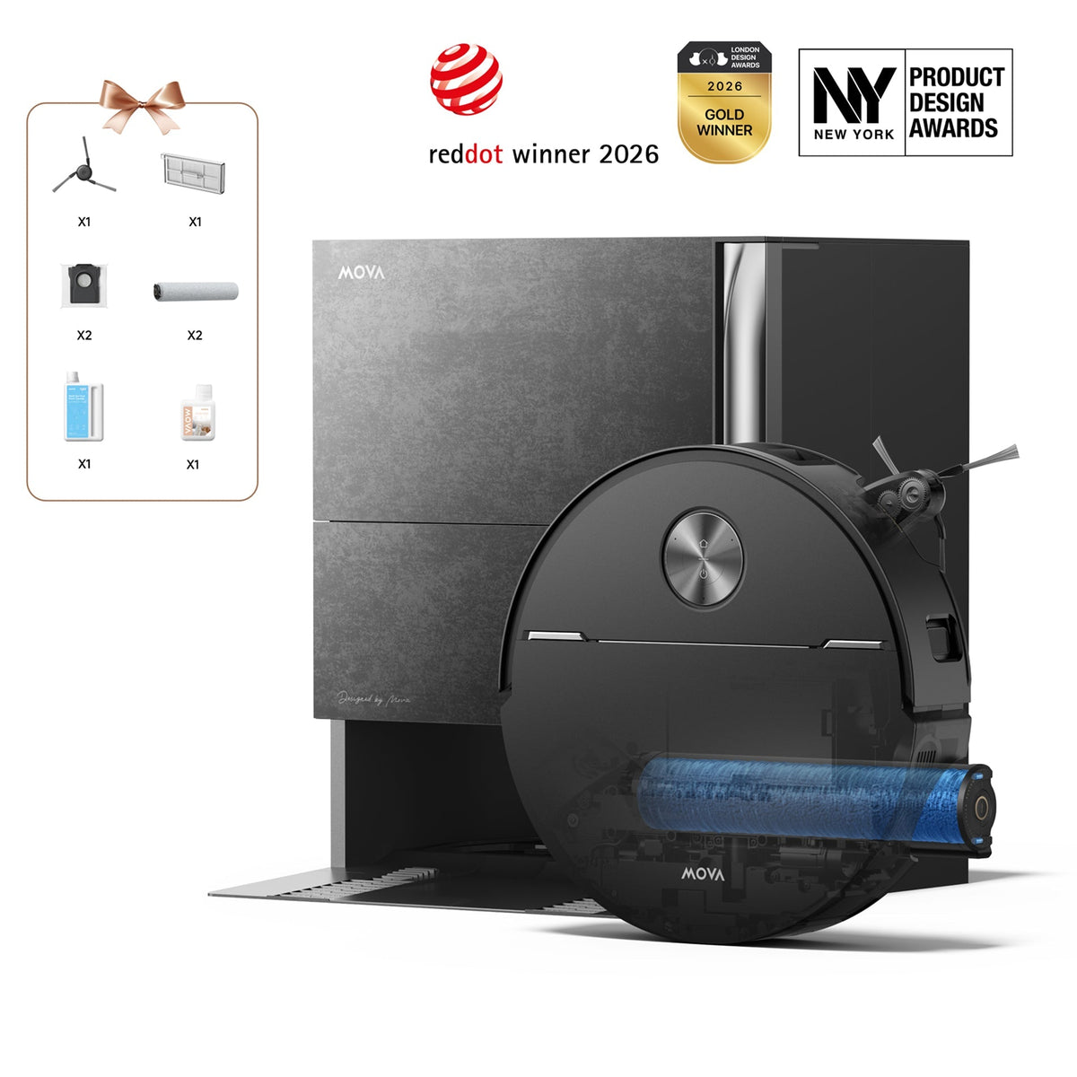 MOVA Z70 Ultra Roller Complete robot vacuum docked in its black base station, with awards and accessories