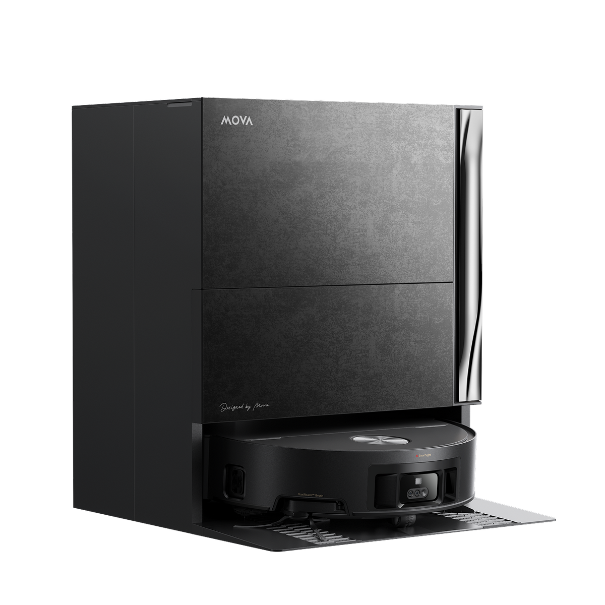 Angled view of the tall black MOVA Z70 Ultra Roller Complete dock with the robot seated on its ramp