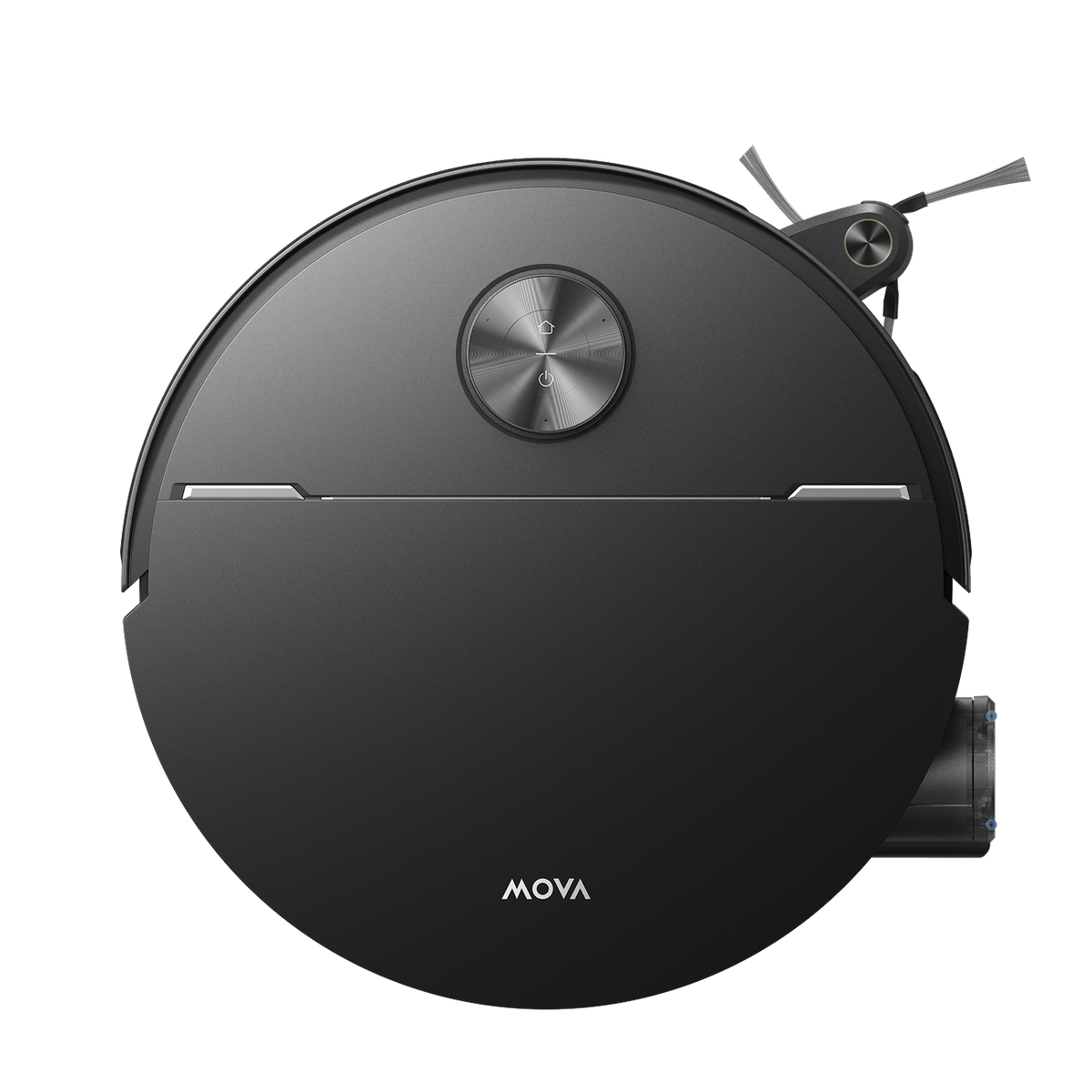 Top view of the round black MOVA Z70 Ultra Roller Complete robot vacuum with its raised LiDAR dome